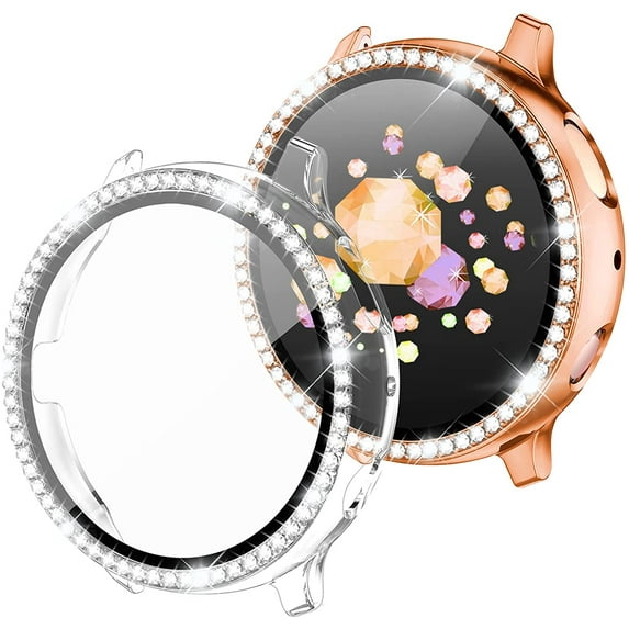 Tianle 2 Pack Compatible with Samsung Active 2 Watch Case 40mm, PC Plating Protective Frame HD Screen Protector with Crystal Diamonds for Galaxy Watch Active 2 Case 40mm Clear/Rose Gold