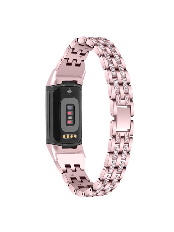 Bling Bands Compatible with Fitbit Charge 6/Charge 5, Metal Bracelet Luxurious Rhinestone Replacement Wristband for Women, Rose Pink