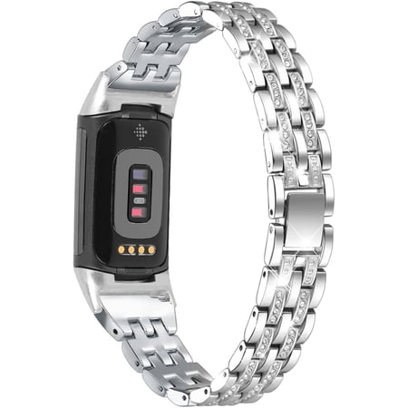 Tianle Bling Bands Compatible with Fitbit Charge 6/Charge 5, Metal Bracelet Luxurious Rhinestone Replacement Wristband for Women, Silver