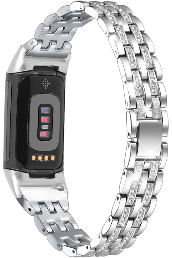 Bling Bands Compatible with Fitbit Charge 6/Charge 5, Metal Bracelet Luxurious Rhinestone Replacement Wristband for Women, Silver