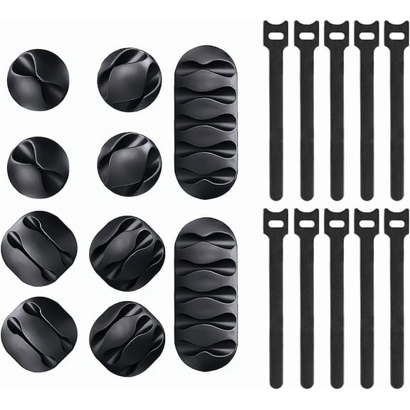 Tianle Cable Management Kit, 10 Large Self Adhesive Cable Clips, 10 Silicone Cable Holders for TV PC Under Desk Home Office