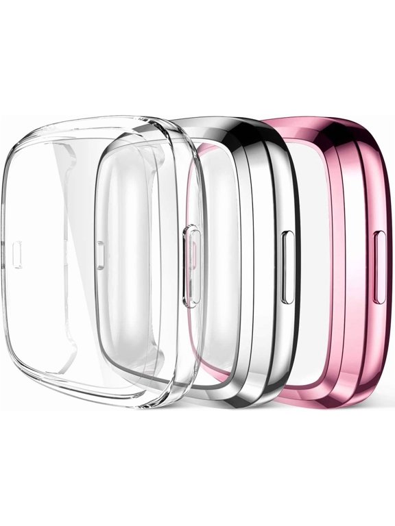 Compatible with Fitbit Versa 2 Screen Protector Case, Full Protective Case Cover for Versa 2 Smartwatch Bands Accessories, 3 Pack Rose Pink/Silver/Clear