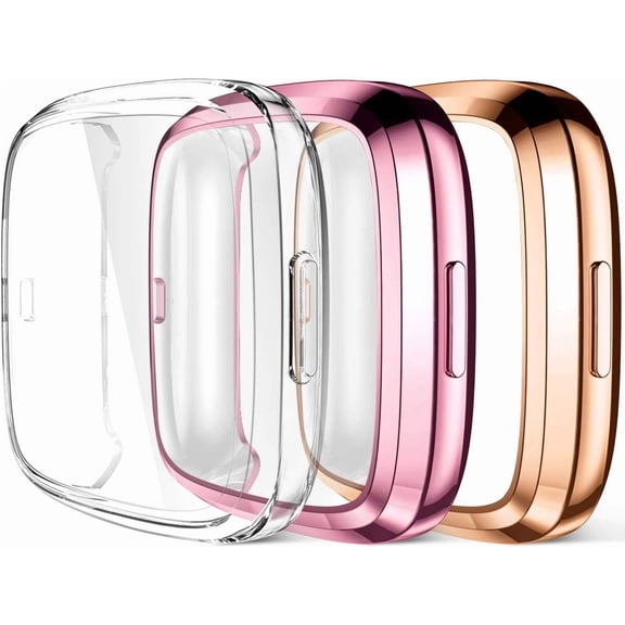 Tianle Compatible with Fitbit Versa 2 Screen Protector Case, Ultra Thin Full Protective Case Cover for Versa 2 Smartwatch Bands Accessories, 3 Pack Clear/Rose Pink/Rose Gold