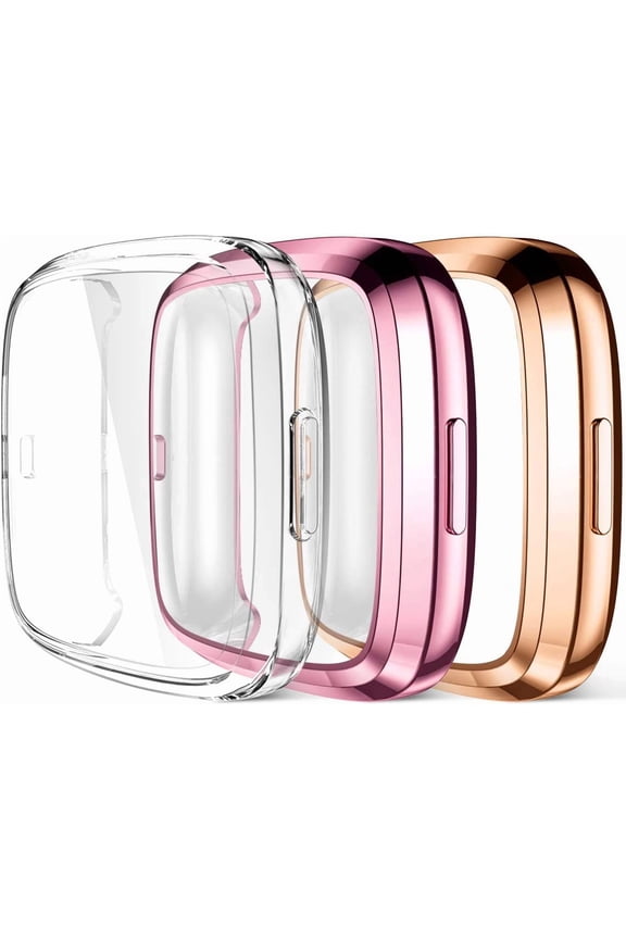 Compatible with Fitbit Versa 2 Screen Protector Case, Ultra Thin Full Protective Case Cover for Versa 2 Smartwatch Bands Accessories, 3 Pack Clear/Rose Pink/Rose Gold