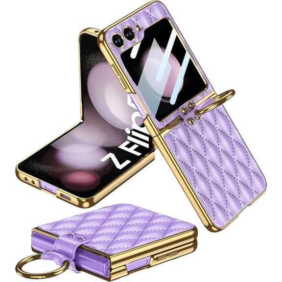 Tianle Compatible with Samsung Z Flip 5 5g Leather Case with Ring Stand, [Shockproof & Anti-Drop] [Sensitive Touch & Anti-Fingerprint] Screen Protector Case Cover Bumper for Galaxy Z Flip 5 (Purple)