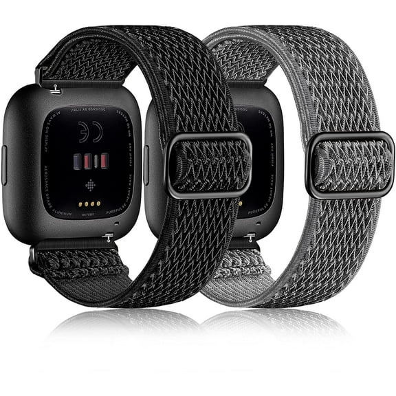 Tianle Elastic Bands Compatible with Fitbit Versa 2 Band Women Men, 2Pack Soft Adjustable Nylon Breathable Sport Band for Versa/Versa 2/Versa Lite/SE Smartwatch Loop Stretchy Wristband, Black & Gray