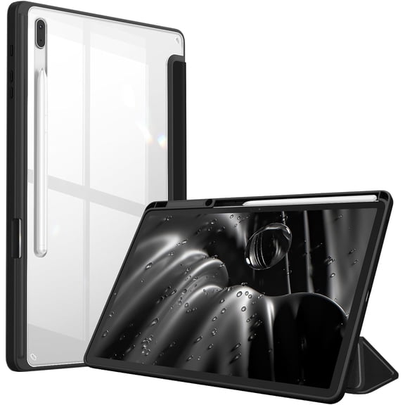Tianle Hybrid Slim Case for Samsung Galaxy Tab S8 Plus 2022/S7 FE 2021/S7 Plus 2020 12.4 Inch with S Pen Holder, Shockproof Cover with Clear Transparent Back Shell, Auto Wake/Sleep, Black