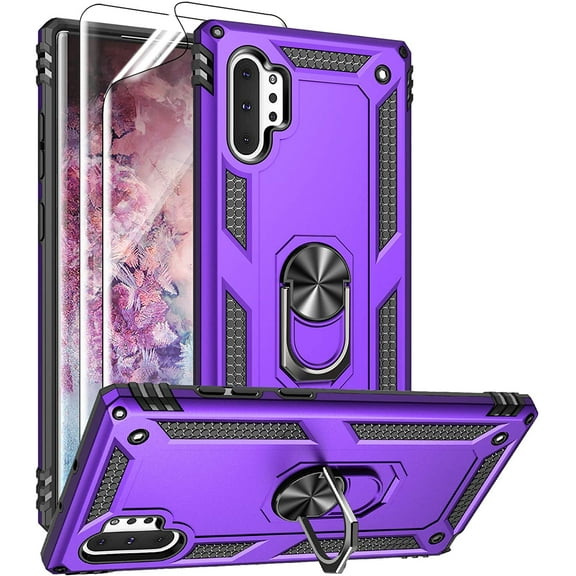 Tianle Samsung Galaxy Note 10+ Military-Grade Case with HD Screen Protectors & Metal Ring Holder Stand - Purple