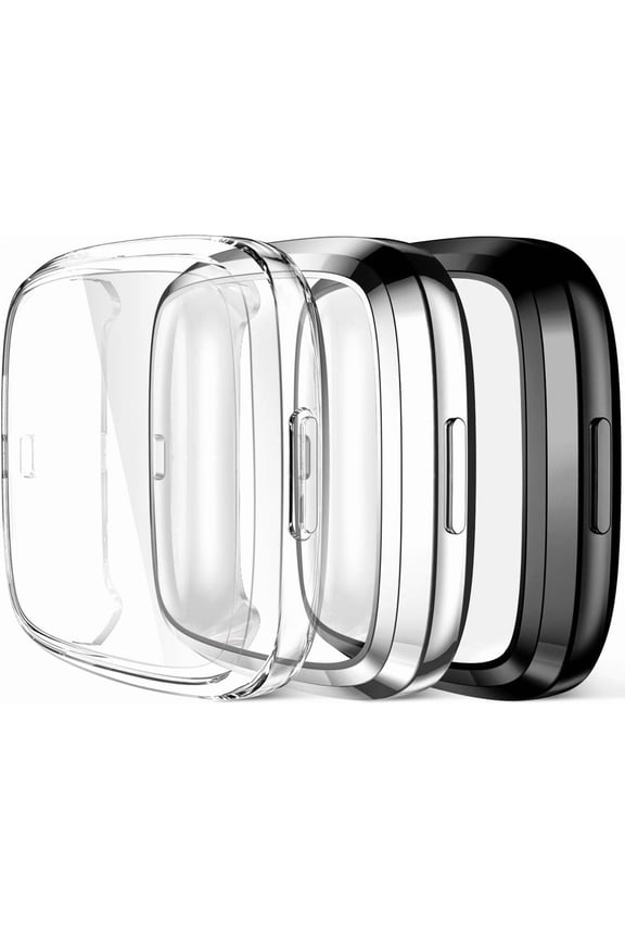Screen Protector Case Compatible with Fitbit Versa 2 Smartwatch, 3 Pack Full Protective Case Cover Scratch Resistant Shock Absorbing for Versa 2 Accessories, Clear/Silver/Black