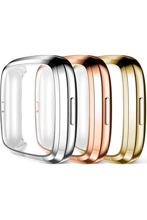 Screen Protector Compatible with Fitbit Versa 2 Case, 3 Pack Full Protective Case Cover Scratch Resistant Shock Absorbing Accessories for Versa 2 Smartwatch, Gold/Silver/Rose Gold
