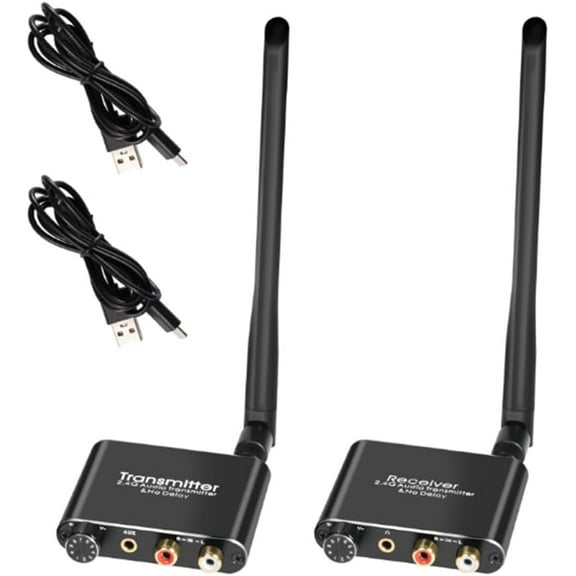 Tianle Wireless Audio Transmitter Receiver, up to 160ft 50 metres, 2.4G No Delay Audio Transmitter Adapter, Support RCA Connector& (3.5mm Connector Input & Output)