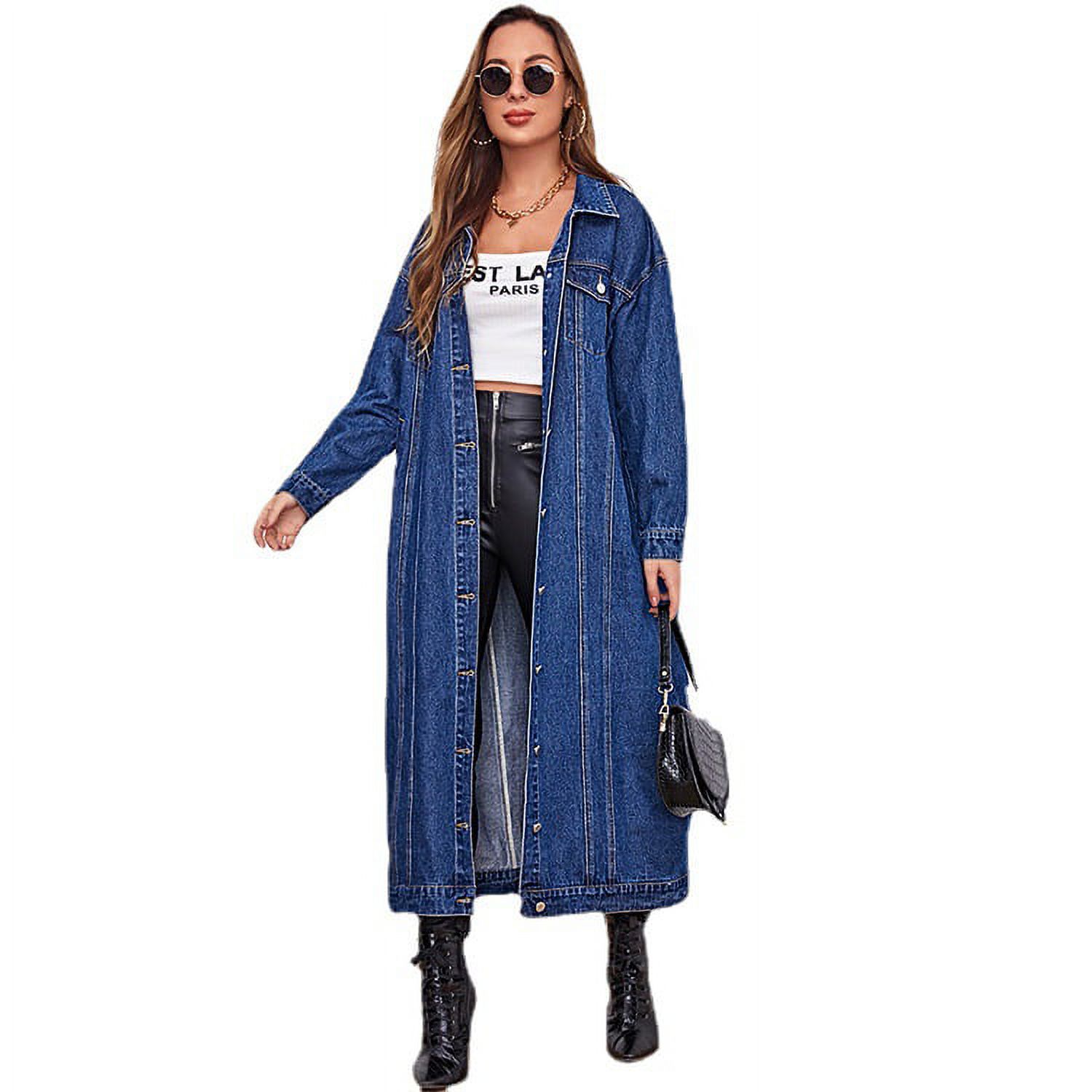 Tianlu Women's Fashion Spring Button Down Midi Long Denim Jean Jacket Trench Coat Blue, size L - image 1 of 5