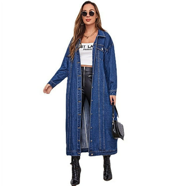 Tianlu Women's Fashion Spring Button Down Midi Long Denim Jean Jacket Trench Coat Blue, size L