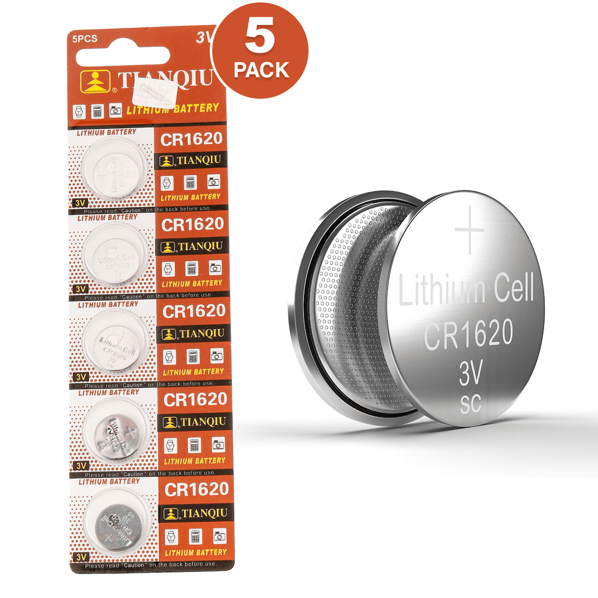 Tianqiu CR1620 3V Lithium Coin Cell Batteries (5 Batteries)