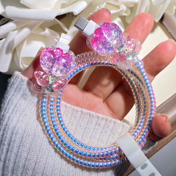 Tianyeda 2Pcs shining Flower Charging Cable Protectors with 1pc Spiral Protective Rope