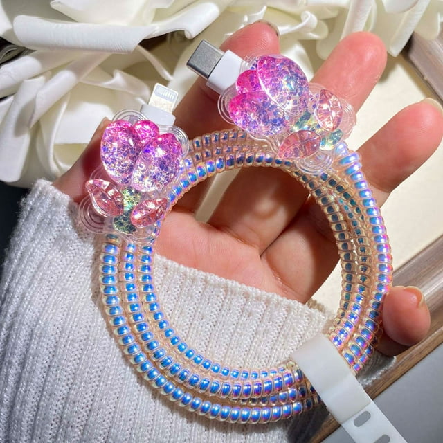 Tianyeda 2Pcs shining Flower Charging Cable Protectors with 1pc Spiral Protective Rope