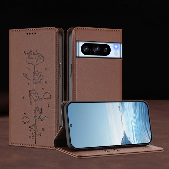 Tianyeda Compatible with Google Pixel 8 Pro Wallet Case Phone Cover with RFID Blocking Credit Card Holder For Men Womenn Cute Cats Brown