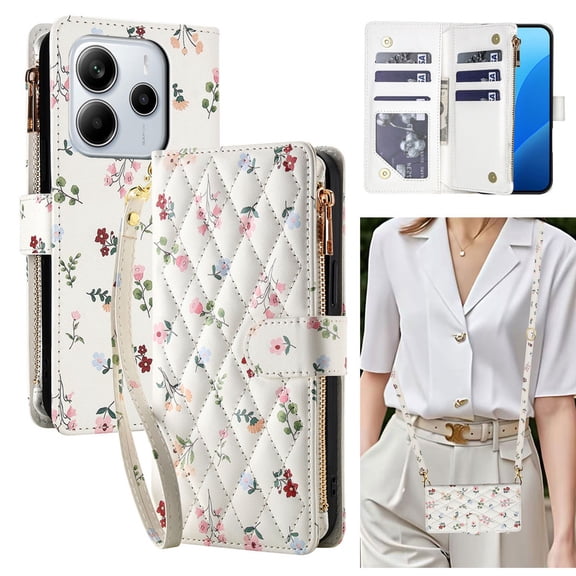 Tianyeda for REDMI Note 14 4G Case Wallet Card Holder Zipper Leather Flip Cover Crossbody Wrist Strap with Stand A1