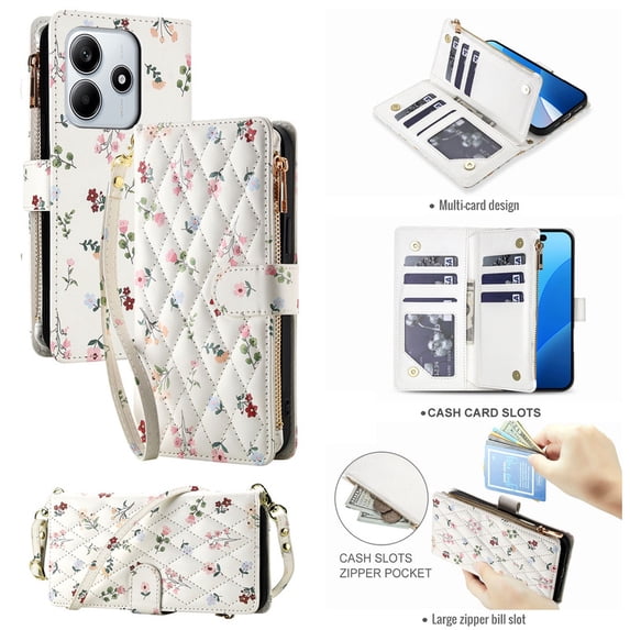Tianyeda for REDMI Note 14 5G Case Wallet Card Holder Zipper Leather Flip Cover Crossbody Wrist Strap with Stand A1