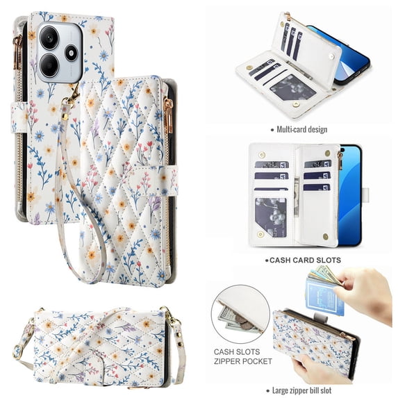 Tianyeda for REDMI Note 14 5G Case Wallet Card Holder Zipper Leather Flip Cover Crossbody Wrist Strap with Stand A2