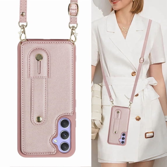 Tianyeda Crossbody Wallet Phone Case for Samsung Galaxy A15, PU Leather Case Back with Card Slot Magnetic Clasp Kickstand wrist holder RosePink