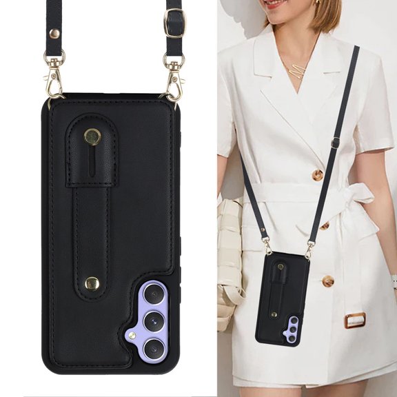 Tianyeda Crossbody Wallet Phone Case for Samsung Galaxy S25Plus, PU Leather Case Back with Card Slot Magnetic Clasp Kickstand wrist holder black
