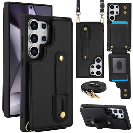 Tianyeda Crossbody Wallet Phone Case for Samsung Galaxy S26 Ultra, PU Leather Case Back with Card Slot Magnetic Clasp Kickstand wrist holder black
