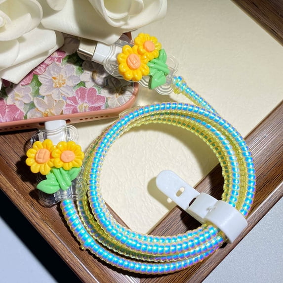 Tianyeda Flower 2Pcs Charging Cable Protectors with 1pc Spiral Protective Rope