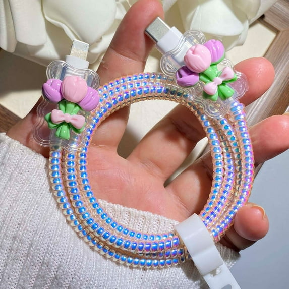 Tianyeda Flower 2Pcs Charging Cable Protectors with 1pc Spiral Protective Rope