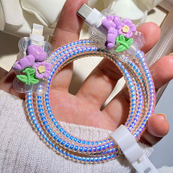 Tianyeda Flower 2Pcs Charging Cable Protectors with 1pc Spiral Protective Rope
