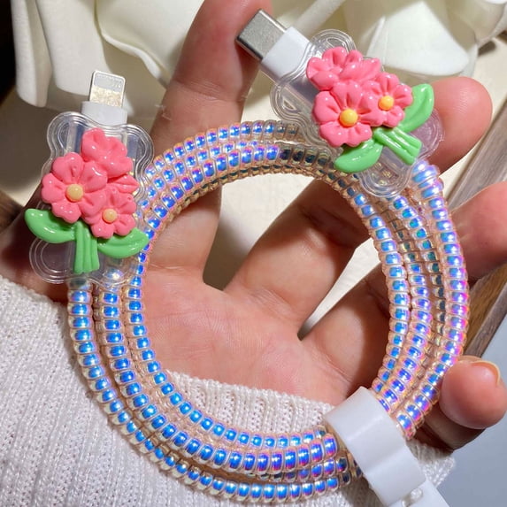 Tianyeda Flower 2Pcs Charging Cable Protectors with 1pc Spiral Protective Rope