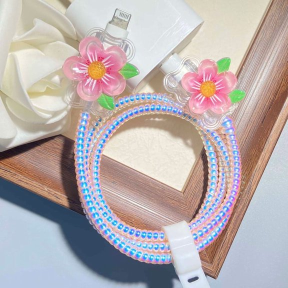 Tianyeda Peachblossom Pattern 2Pcs Charging Cable Protectors with 1pc Spiral Protective Rope