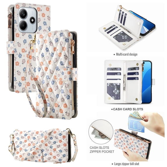 Tianyeda for REDMI Note 14 5G Case Wallet Card Holder Zipper Leather Flip Cover Crossbody Wrist Strap with Stand A4