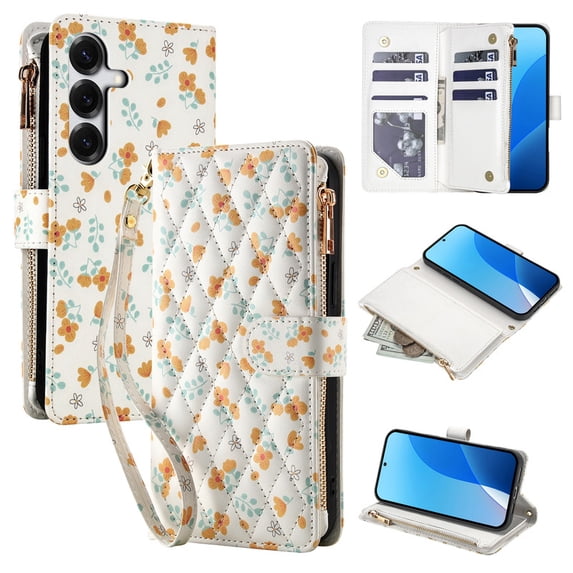 Tianyeda for Samsung Galaxy S25 Case Wallet Card Holder Zipper Leather Flip Cover Crossbody Wrist Strap with Stand A3