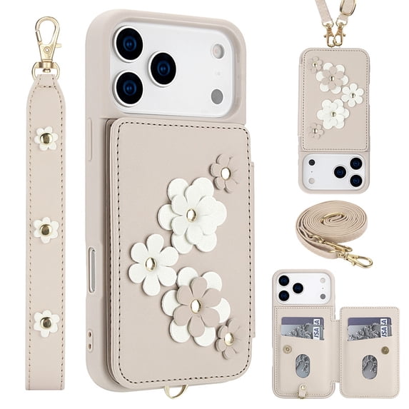 Tianyeda for iPhone 17 Pro Max Case Flower Wallet Card Holder Leather Flip Cover Crossbody Wrist Strap with Stand White