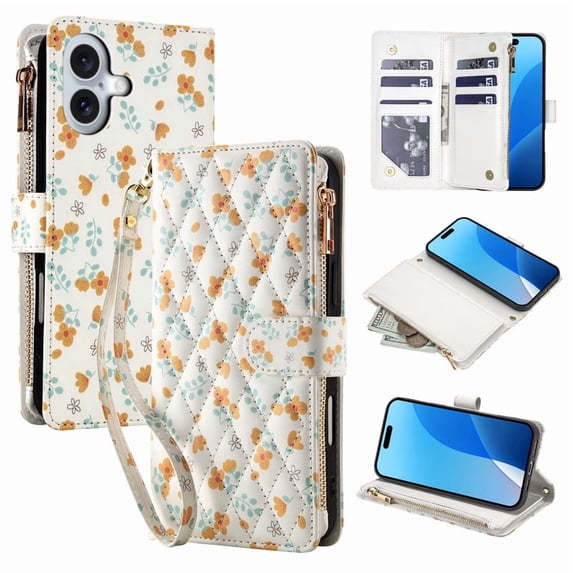 Tianyeda for iphone 16 Case Wallet Card Holder Zipper Leather Flip Cover Crossbody Wrist Strap with Stand A3