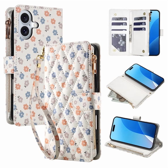 Tianyeda for iphone 16 Case Wallet Card Holder Zipper Leather Flip Cover Crossbody Wrist Strap with Stand A4