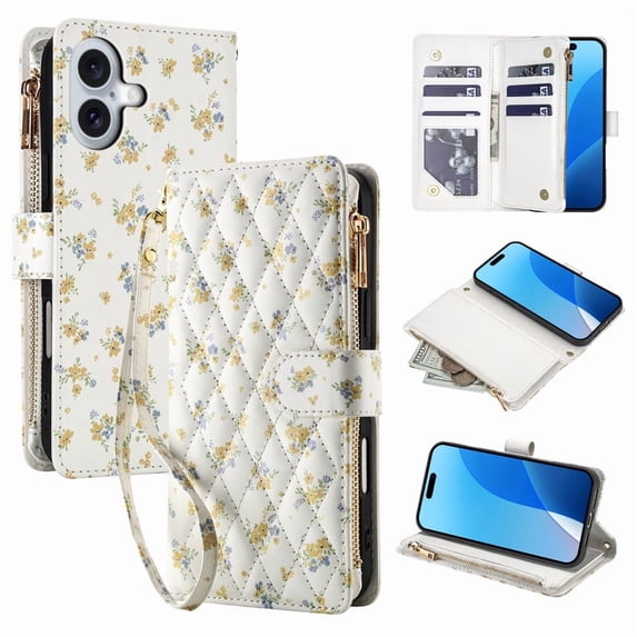 Tianyeda for iphone 16 Case Wallet Card Holder Zipper Leather Flip Cover Crossbody Wrist Strap with Stand A5