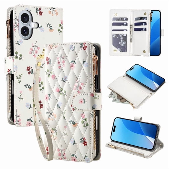 Tianyeda for iphone 16 Wallet Card Holder Zipper Leather Flip Cover Crossbody Wrist Strap with Stand A1