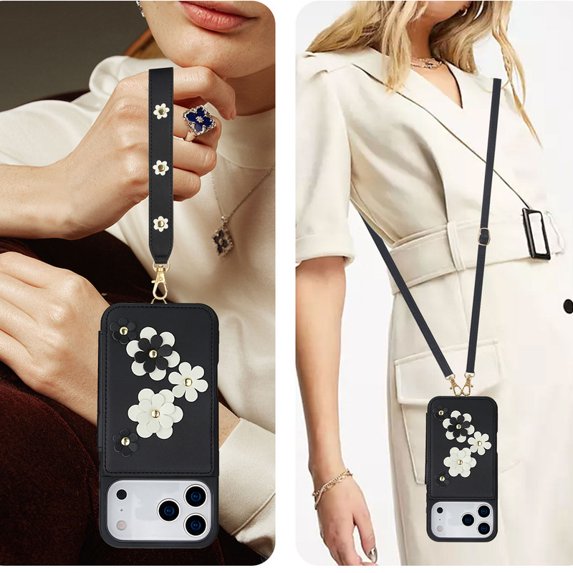 Tianyeda for iphone 17 Pro Case Flower Wallet Card Holder Leather Flip Cover Long/Short Lanyards with Stand Black