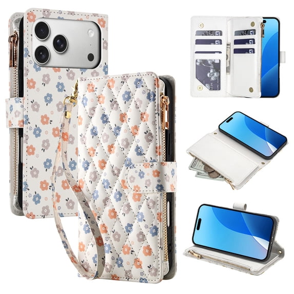 Tianyeda for iphone 17 Pro Case Wallet Card Holder Zipper Leather Flip Cover Crossbody Wrist Strap with Stand A4