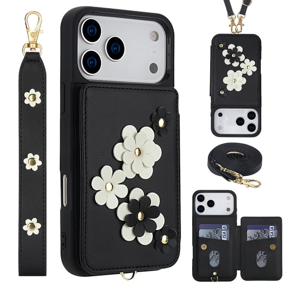 Tianyeda for iphone 17 Pro Max Case Flower Wallet Card Holder Leather Flip Cover Crossbody Wrist Strap with Stand Black
