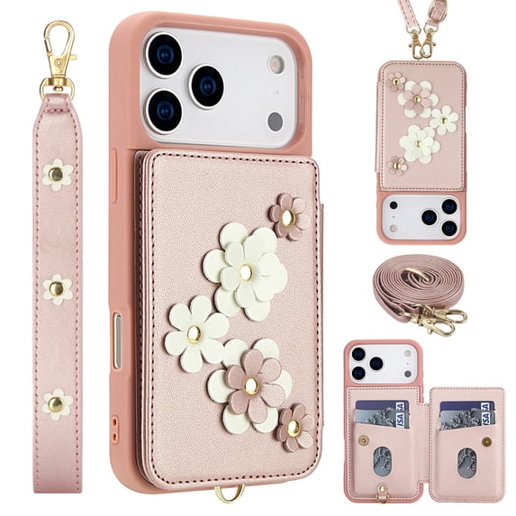 Tianyeda for iphone iPhone 17 Pro Max Case Flower Wallet Card Holder Leather Flip Cover Crossbody Wrist Strap with Stand Pink