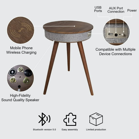 Tianyi Smart Music Coffee Table Round Smart End Table, Bluetooth Side Table with USB Port and outlet Smart Table with Speaker and Wireless Charger- Walnut