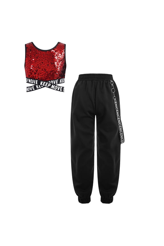 2Pcs Girls Hip Hop Street Dance Performance Outfits Sequins Crop Tank Top and Cargo Pants Set Red 12