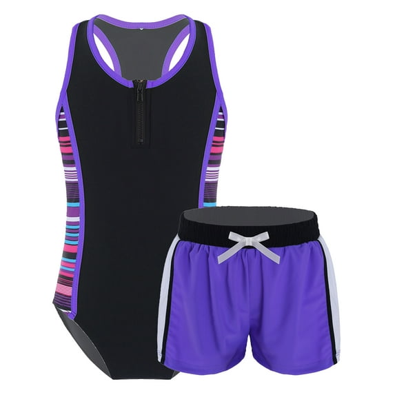 TiaoBug 2Pcs Kids Girls Swimming Suit One-piece Round Neck Sleeveless Jumpsuit and Shorts Set Purple 4