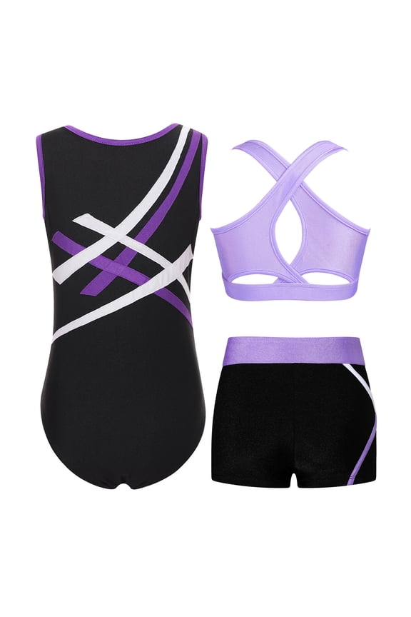 3 Pcs Gymnastics Dance Outfits for Girls Training Workout Sleeveless Leotard Bras with Shorts Set Purple 12