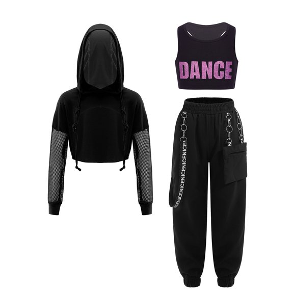 TiaoBug 3-Piece Kids Girls Sleeveless Cross Back Top and Sweatpants with Long Sleeve Hooded Crop Top Pink-A 6