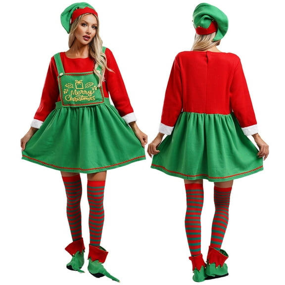 TiaoBug 4 Pcs Christmas Elf Costume for Womens Long Sleeve Christmas Dress Thigh High Socks Hat Set Green XL