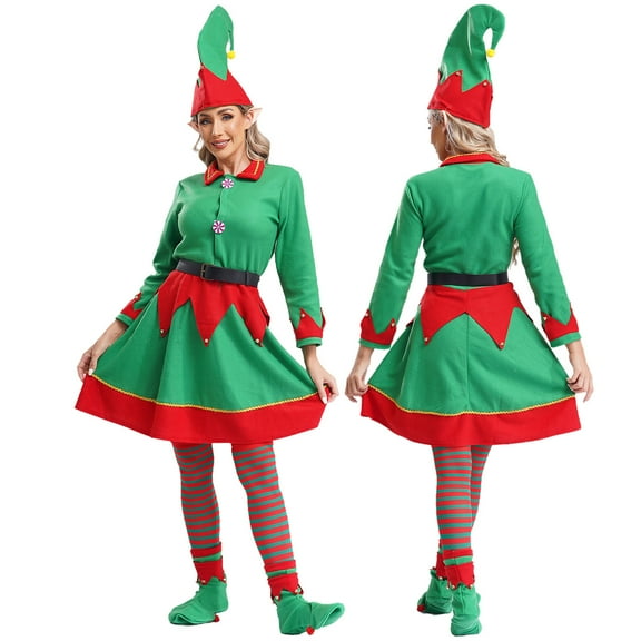 TiaoBug 6Pcs Santa Helper Outfit Women Christmas Elf Costume Long Sleeve Dress Xmas Family Party Set Green S